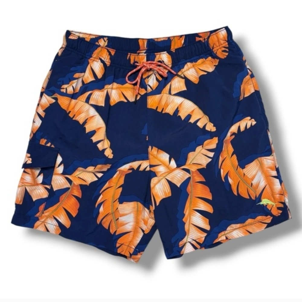 TOMMY BAHAMA Navy 6” Swim Trunks Orange Banana Leaf Print Size Medium